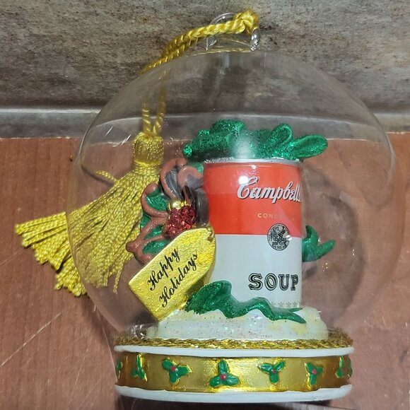 Campbells Soup Can Green Bow Clear Glass Ball Ornament Happy Holidays - Picture 11 of 11